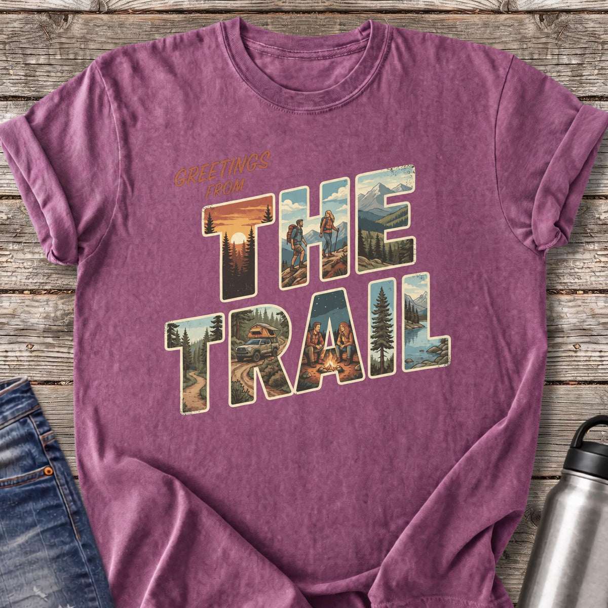 Greetings from the Trail at Sunset T-Shirt — Berry