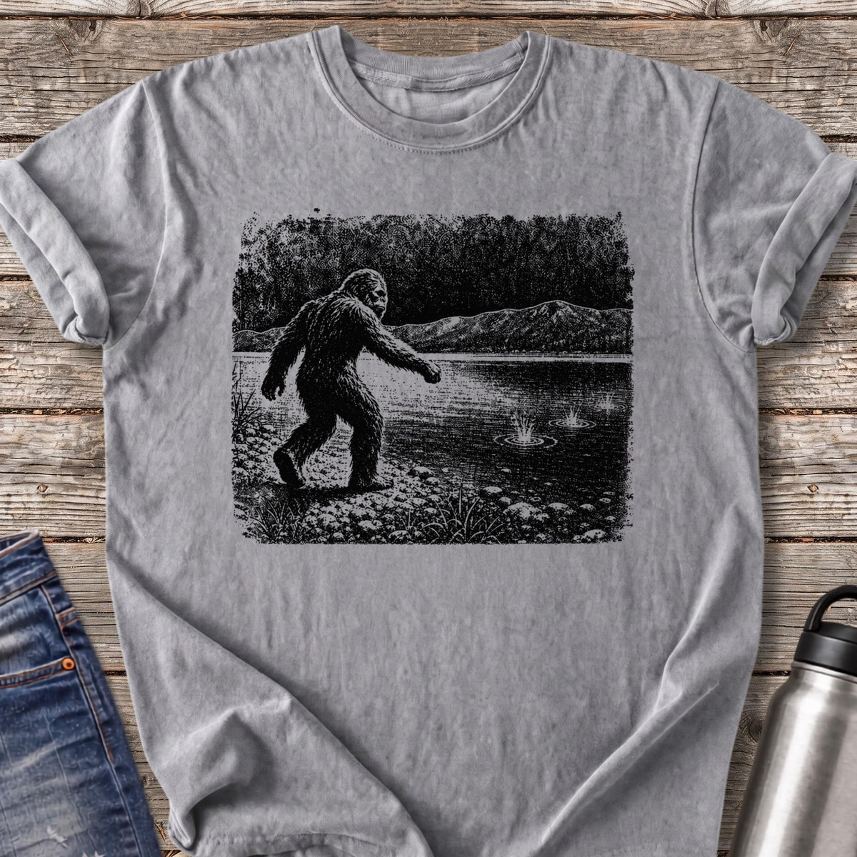 Bigfoot Skips Stones T-Shirt — Grey