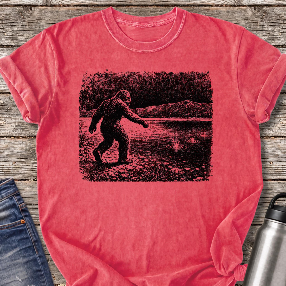 Bigfoot Skips Stones T-Shirt — Watermelon