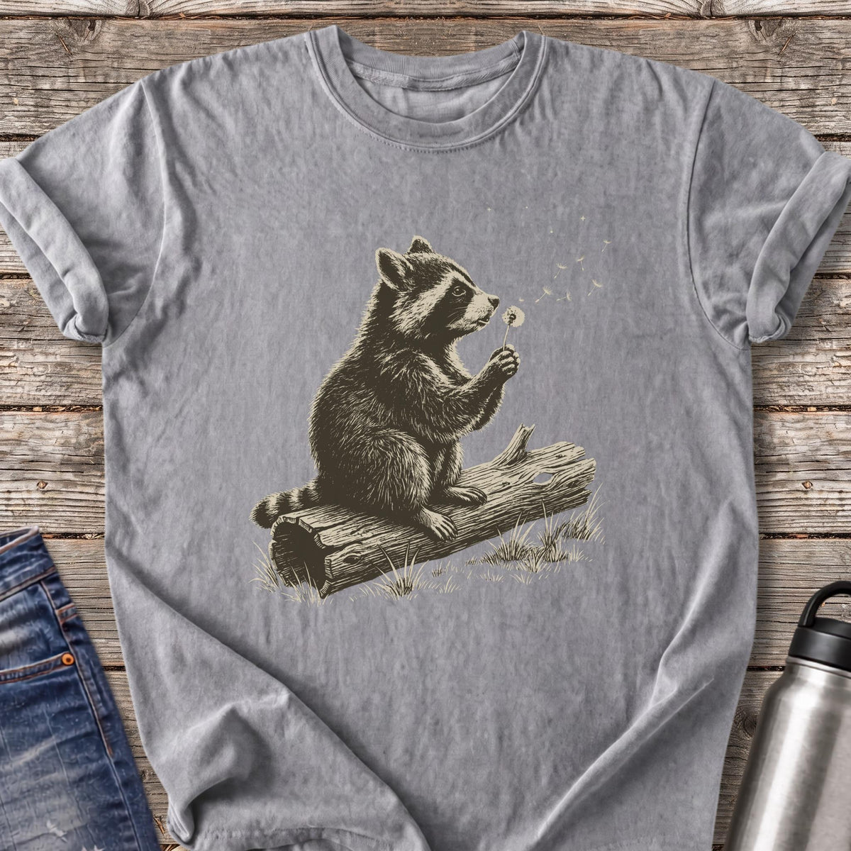 Raccoon Makes a Wish T-Shirt — Grey