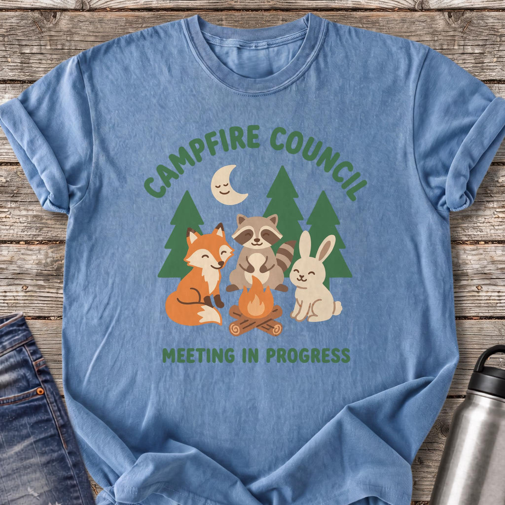 Campfire Council Meeting in Progress T-Shirt — Blue Jean