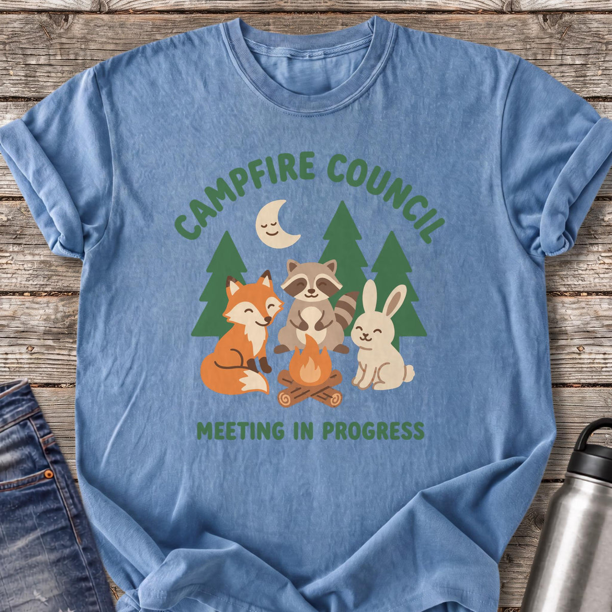 Campfire Council Meeting in Progress T-Shirt — Blue Jean