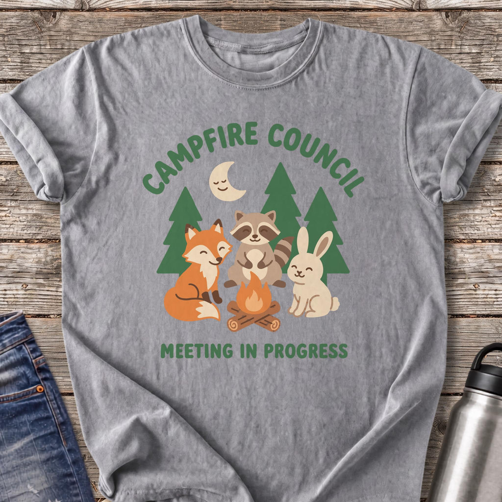 Campfire Council Meeting in Progress T-Shirt — Grey