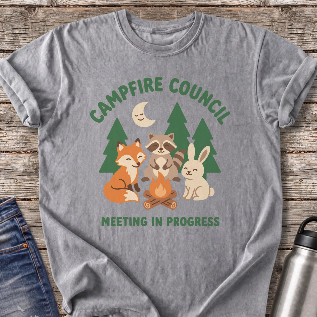 Campfire Council Meeting in Progress T-Shirt — Grey