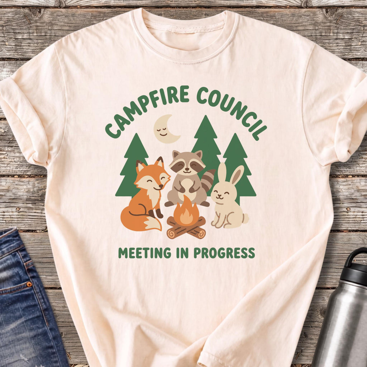 Campfire Council Meeting in Progress T-Shirt — Ivory