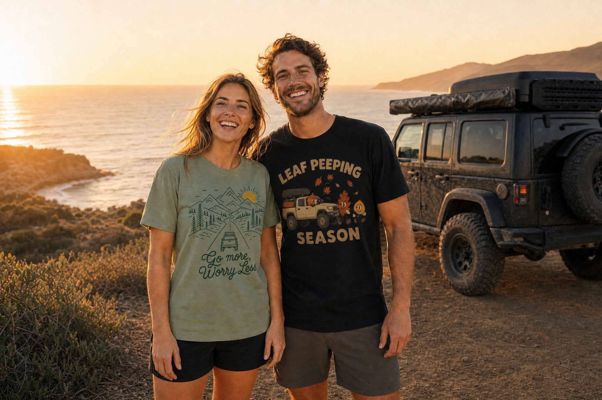 Comfort for those who go anyway — couple at a coastal overlook with their rig